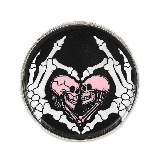 Gothic Printed Alloy Lapel Pin Backs for Backpack Clothes, Flat Round with Skeleton Heart Hands & Skull, Platinum