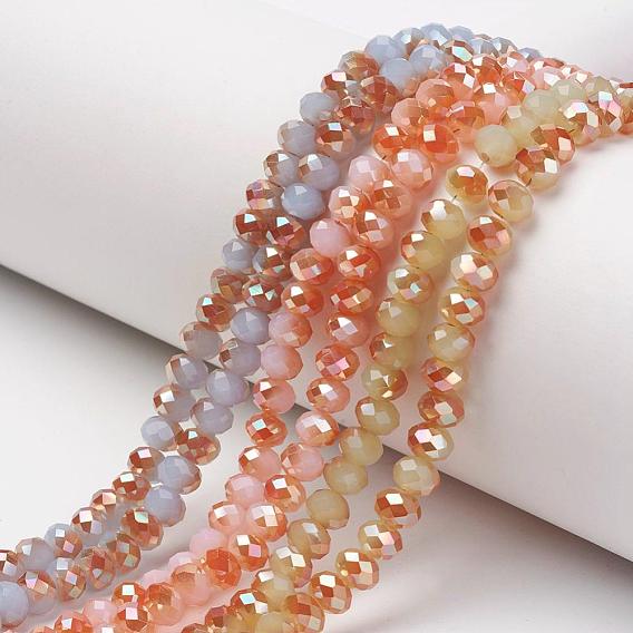 Electroplate Opaque Solid Color Glass Beads Strands, Half Plated, Rainbow Plated, Faceted, Rondelle