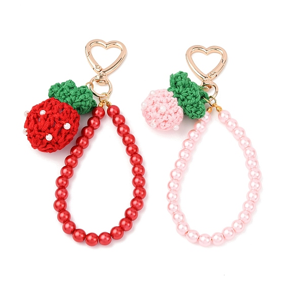 2 шт. клубничных ручных вязаных крючком шерстяных и стеклянных жемчужин круглых бусин-подвесок, с поворотными застежками-крючками в форме сердца из цинкового сплава