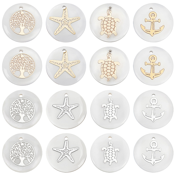 48 шт 8 стили натуральные пресноводные подвески из ракушек, плоские круглые подвески с металлическими ломтиками, разнообразные