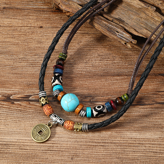 Регулируемые ожерелья с подвесками из сплава монет и синтетической бирюзы и деревянных бусин, многослойные подвески в стиле ретро
