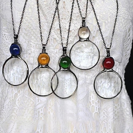 Flat Round Alloy & Glass Magnifying Pendant Necklace for Women, Gunmetal