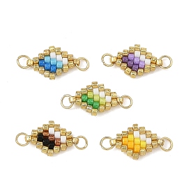 5Pcs Glass Seed Beaded Connector Charms, Rhombus Links, with & 304 Stainless Steel Jump Ring