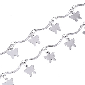 304 Stainless Steel Curved Bar Link Chains, Scalloped Bar Chain, with Butterfly Charms, Soldered