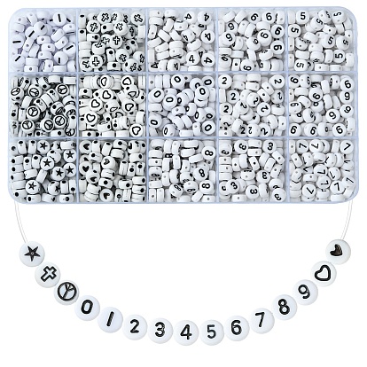 900шт 15 стили белые и черные акриловые бусины, плоско-круглые