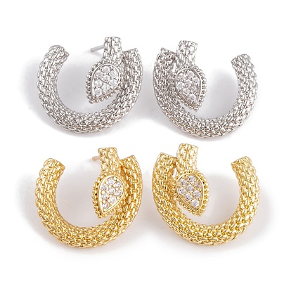 Rack Plating Brass Cubic Zirconia Stud Earrings, Cadmium Free & Lead Free, Long-Lasting Plated, Half Circle