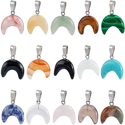 Gemstone Pendants, with Stainless Steel Snap On Bails, Moon