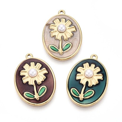 304 подвески из эмали из нержавеющей стали и искусственного жемчуга из АБС-пластика, овал с цветочными подвесками, ионное покрытие (ip), реальный 18 k позолоченный