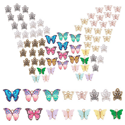 70Pcs 15 Style Alloy Acrylic Pendants, Printed Alloy Pendants with Enamel, Tibetan Style Alloy Pendants, Butterfly Charms