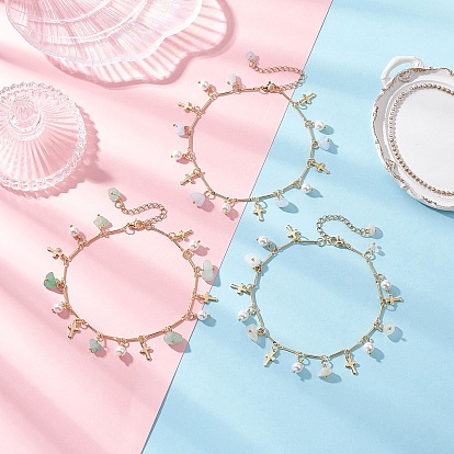 3Pcs 3 Styles Natural Aquamarine & White Moonstone & Green Aventurine Chip & Round Shell Pearl Cross Tassel Anklets, Brass Jewelry for Women, Real 18K Gold Plated