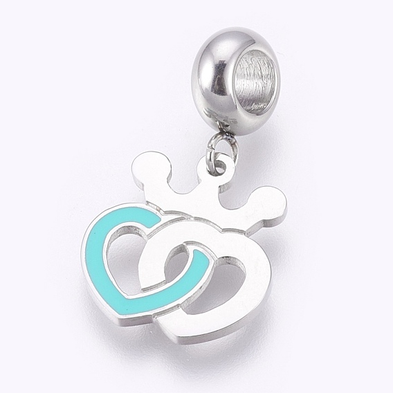 304 Stainless Steel European Dangle Charms, Large Hole Pendants, with Enamel, Heart with Crown