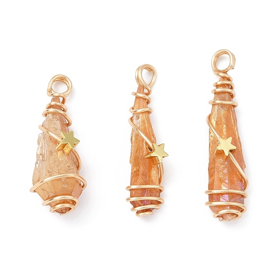 Electroplated Raw Rough Natural Quartz Crystal Copper Wire Wrapped Pendants, Copper Plated Teardrop Charms with Brass Star Beads