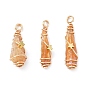 Electroplated Raw Rough Natural Quartz Crystal Copper Wire Wrapped Pendants, Copper Plated Teardrop Charms with Brass Star Beads