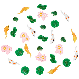 36Pcs 6 Styles Resin Display Decorations, for Micro Landscape Moss Garden Decoration, Lotus Leaf & Flower & Fish & Frog