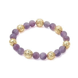 8.5mm Round Frosted Natural Amethyst Beaded Stretch Bracelets, Coin Round Brass Bead Bracelets for Women
