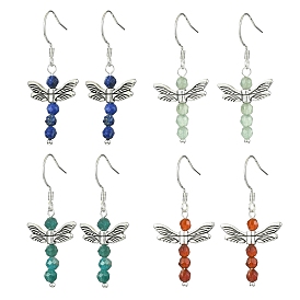 4 Pairs 4 Styles Natural Mixed Gemstone Fairy Dangle Earrings, Antique Silver Alloy Drop Earrings