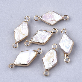 Natural Baroque Pearl Keshi Pearl Links/Connectors, with Brass Findings, Rhombus