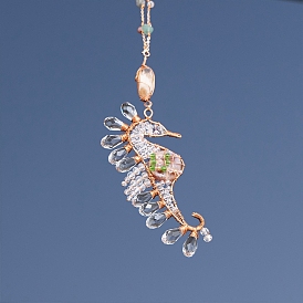 Wire Wrapped Glass Beads & Metal Sea Horse Hanging Ornaments, Suncatchers for Garden Outdoor Decoration