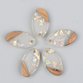 Transparent Resin & Walnut Wood Pendants, with Glitter Sequins, Oval