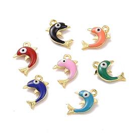 Brass Enamel Pendants, Real 18K Gold Plated, Dolphin with Evil Eye
