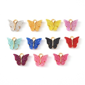 Alloy Enamel Pendants with Glitter Powder and Zinc Alloy Hanging Plating, Butterfly, Light Gold