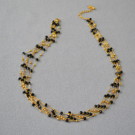 Elegant Lace Black Crystal Layered Necklace - Retro, Stylish, Sophisticated, Collarbone Chain.