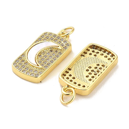 Brass Micro Pave Cubic Clear Zirconia Pendants, with Shell, Jump Ring, Rectangle