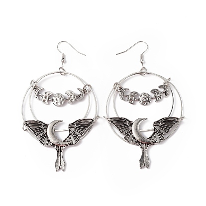 Bat with Moon Phase Alloy Dangle Earrings, Iron Halloween Jewelry for Women