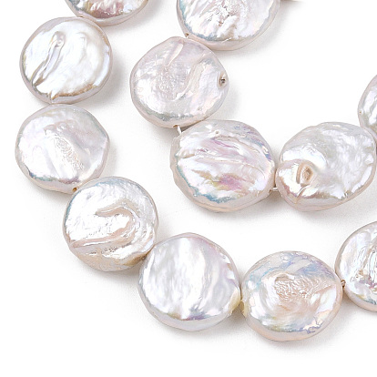 Natural Baroque Pearl Keshi Pearl Beads Strands, Large Coin Pearl Beads, Cultured Freshwater Pearl, Flat Round