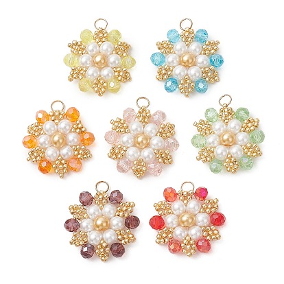 7шт. 7 цвета подвески из стеклянного бисера Toho, цветочный шарм, с бусинами из стекла и стеклянного жемчуга и 304 нержавеющей сталью, граненые