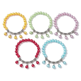 Bracelets extensibles en perles d'imitation en plastique abs, avec breloques en alliage de style tibétain