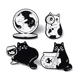 Cartoon Style Cat with Magnifying Glass/Goblet/Bowl Enamel Pins, Black Alloy Badge for Men Women