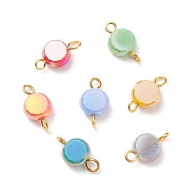 Electroplate Opaque Glass Connector Charms, with Golden Tone Brass Double Loops, Faceted, Flat Round