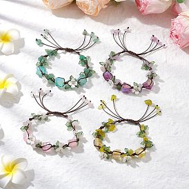 Гальванизированные браслеты из бисера с натуральными драгоценными камнями и плетеными бусинами для женщин, цветок, с гальваническим покрытием из натуральных кварцевых бусин и акриловыми подвесками