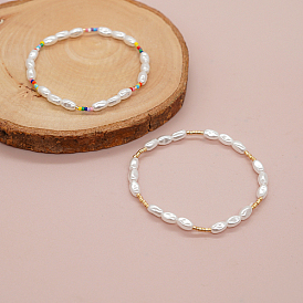 Glass Seed & Imitation Pearl Beaded Stretch Bracelet