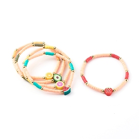 Bracelets extensibles perlés heishi en pâte polymère faits à la main, Avec des billes rondes en laiton, fruit, or