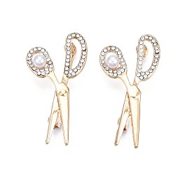 Crystal Rhinestone Scissor Lapel Pin with Plastic Pearl, Alloy Brooch for Backpack Clothes, Nickel Free & Lead Free, Light Golden