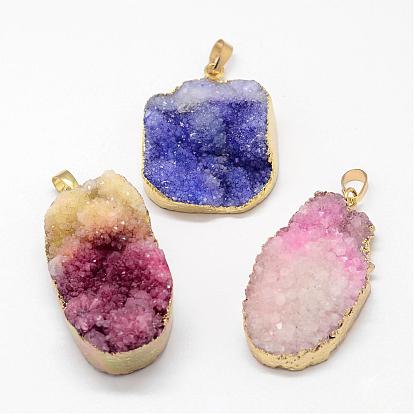 Electroplated Natural & Dyed Druzy Agate Pendants, with Golden Plated Brass Findings