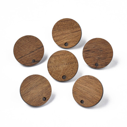 Walnut Wood Stud Earring Findings, with 316 Stainless Steel Pin and Hole, Flat Round