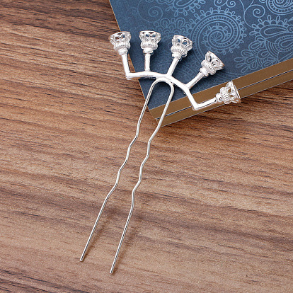 Iron Hair Fork Findings, with Alloy Bead Cap, Flower