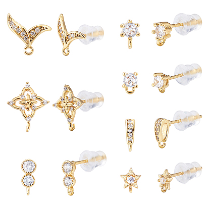 7 Pairs 7 Styles Brass Micro Pave Clear Cubic Zirconia Stud Earring Findings, with Silicone Ear Nuts, with Loop, Mixed Shapes