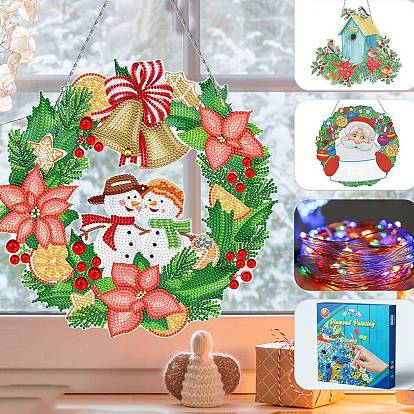 Christmas Theme DIY Diamond Painting Wreath Pendant Decoration Kits, including Resin Rhinestones, Diamond Sticky Pen, Tray Plate and Glue Clay