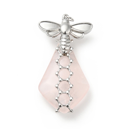 Natural Rose Quartz Pendants, Teardrop Charm, with Stainless Steel Color Plated 304 Stainless Steel Bee Findings