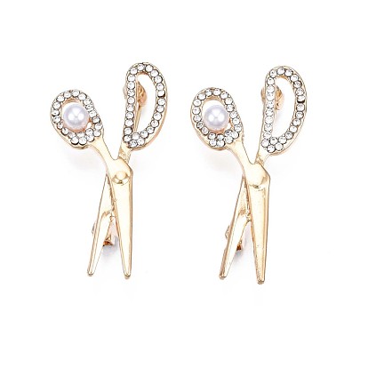Crystal Rhinestone Scissor Lapel Pin with Plastic Pearl, Alloy Brooch for Backpack Clothes, Nickel Free & Lead Free, Light Golden