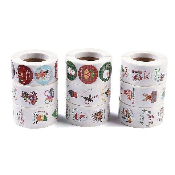 Бумажные самоклеящиеся наклейки, плоско-круглые, для украшения подарков, круглый с рождественской тематикой