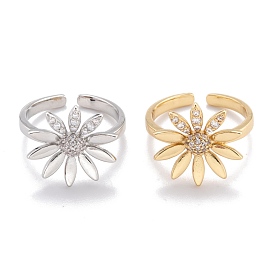 Brass Micro Pave Clear Cubic Zirconia Cuff Rings, Open Rings, Long-Lasting Plated, Flower