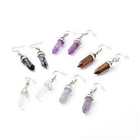 Bullet Shaped Natural Mixed Gemstone Dangle Earrings, with 304 Stainless Steel Earring Hooks