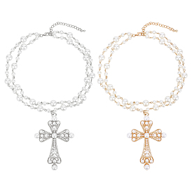 2 Stück 2 Stile Eisen & Legierung Kreuz großer Anhänger Kunststoffperlen Gliederkette doppellagige Halsketten, weiß