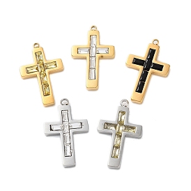 304 Stainless Steel Pendants, with Glass, Corss Charms, Real 14K Gold Plated/Platinum