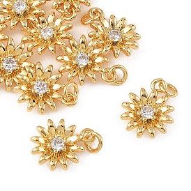 SHEGRACE Brass Micro Pave Clear Cubic Zirconia Pendants, Cadmium Free & Nickel Free & Lead Free, Flower Charms